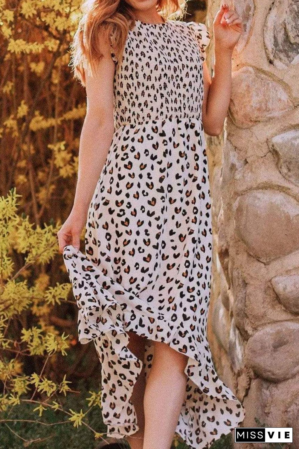 White Leopard Smocked High Low Midi Dress