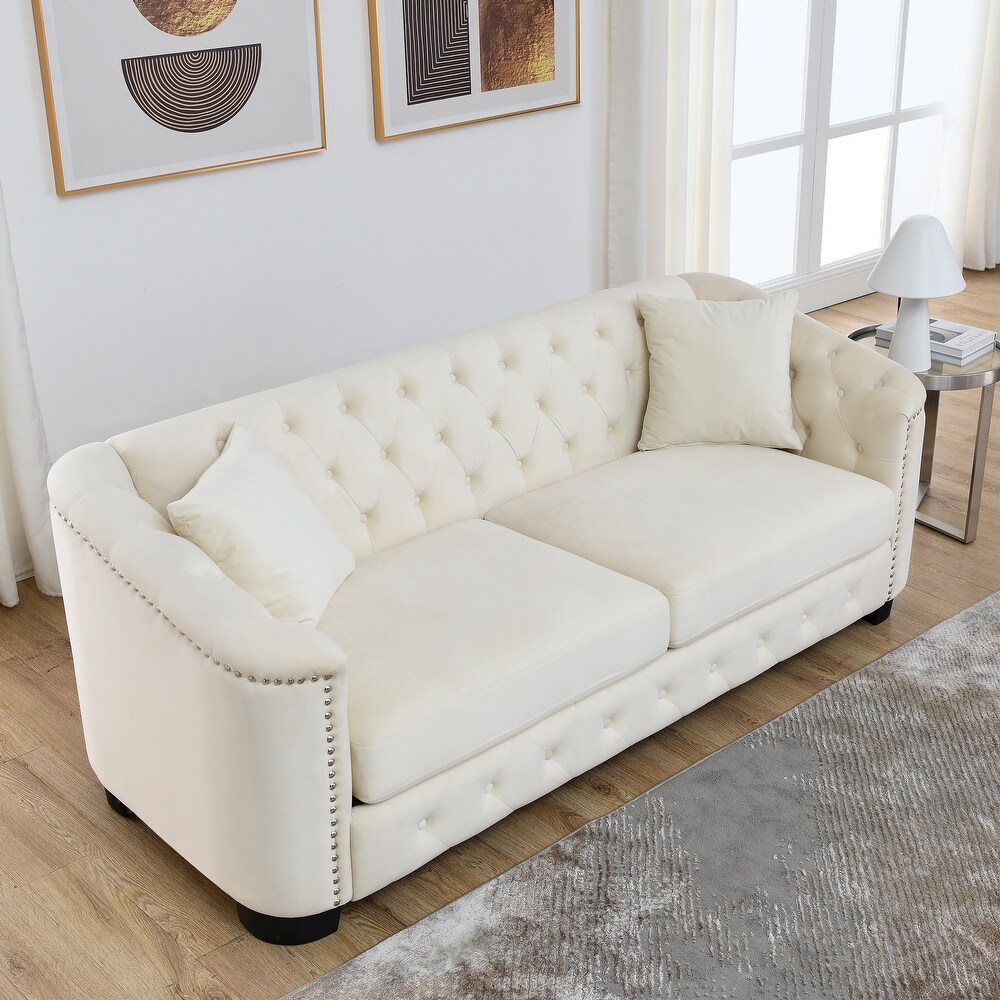 3 seat Sectional Sofa Sets Velvet Loveseat Sofa Button Tufted Lounge Sofa with Pillows and Nailhead Arms for Living Room  Beige