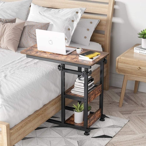 Height Adjustable C Table with Storage Shelves and Wheels， Mobile Sofa Side Table End Table Snack Table