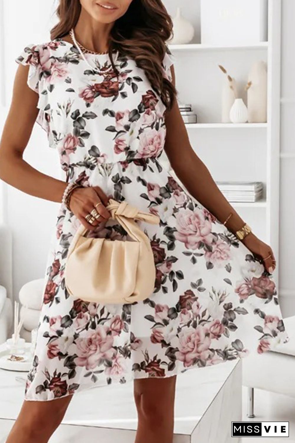 Fashion Elegant Floral Flounce O Neck A Line Midi Dresses