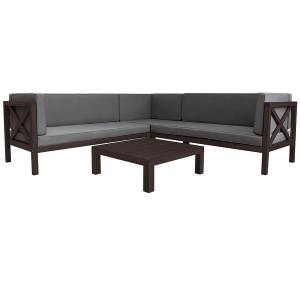 4-Piece Sectional Sofa Seating Group， Outdoor Patio Backyard Wood Frame Corner Sofa Design with Cushions and Table， X-Back Sofa - Overstock - 37254192