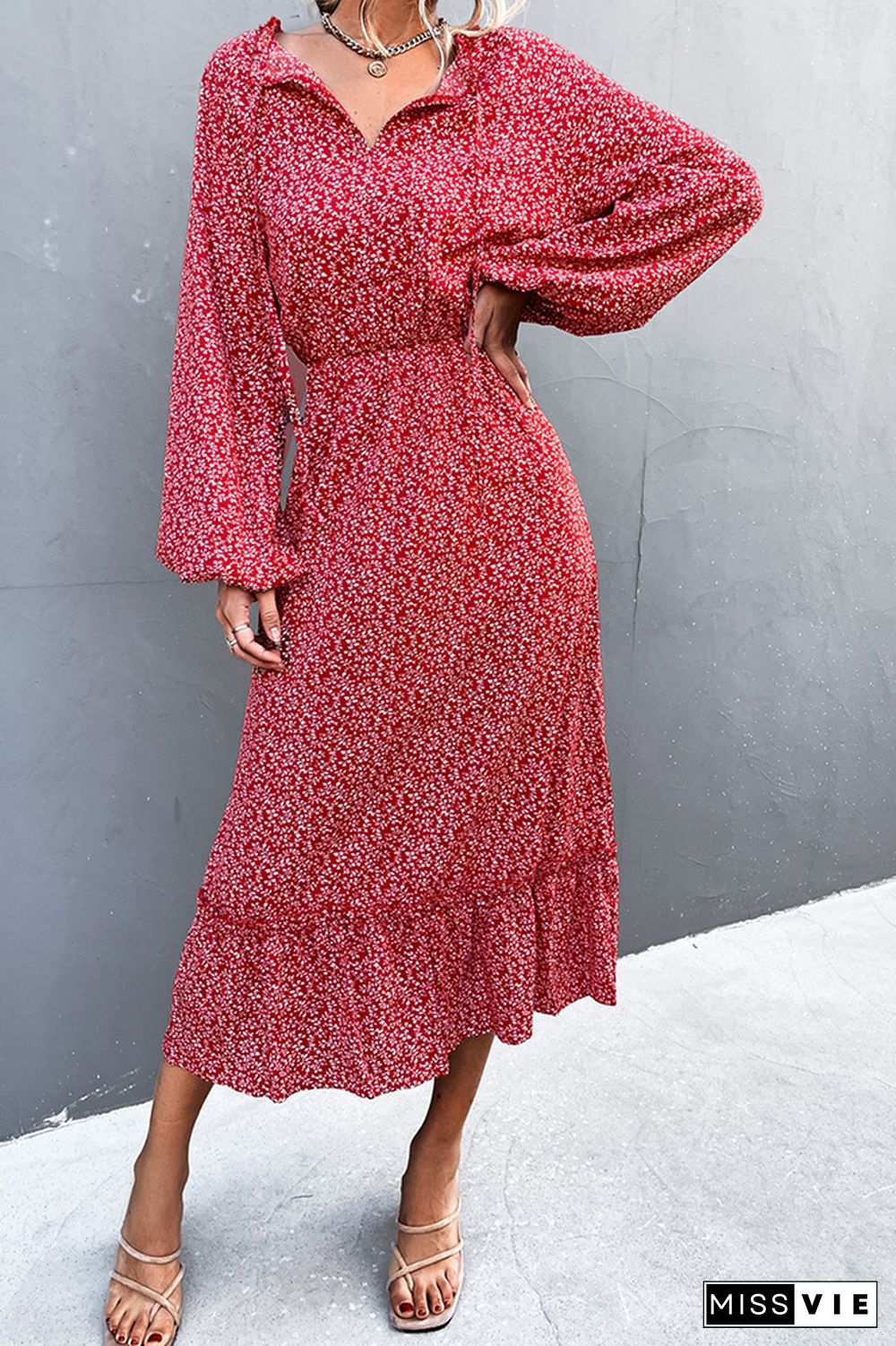 Long Sleeve Floral Print Midi Dress Wholesale