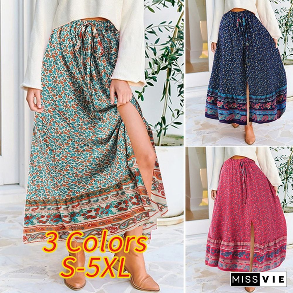 Women Floral Print Long Skirt Dress Elastic High Waist Bohemian Party Casual Swing Pleated Maxi Skirts Plus Size