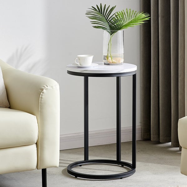 Modern C-shaped End/side Table Black Metal Frame with Round Marble Color Top-15.75