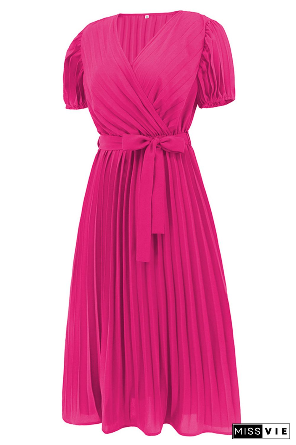 Plain Wrap V Neck Pleated Midi Dress With Sash