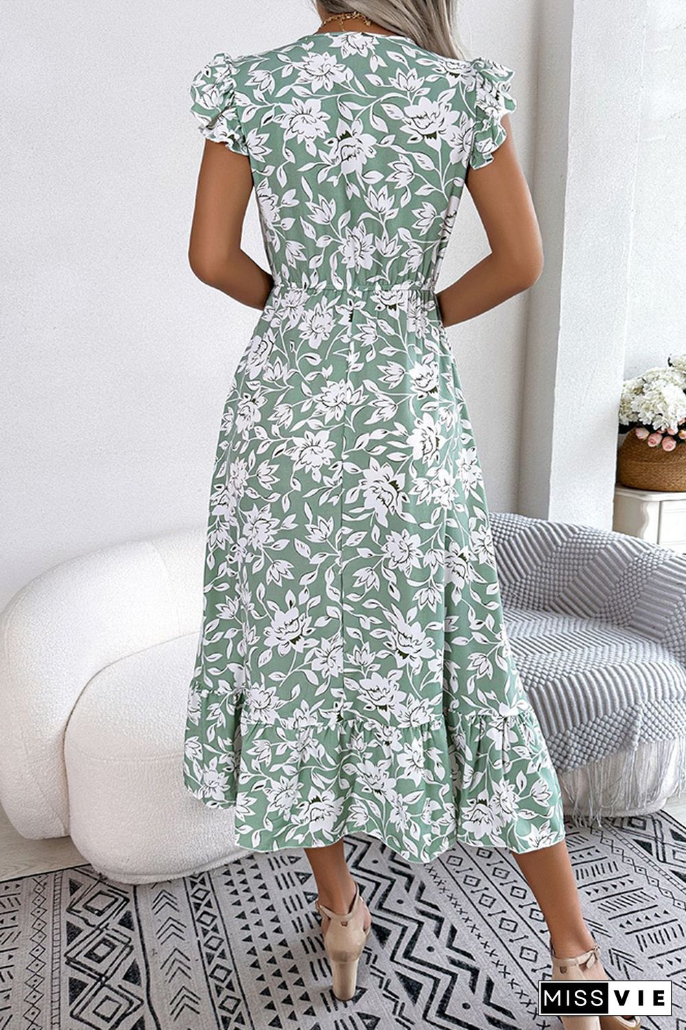 V Neck Flutter Sleeves Maxi Floral Dress