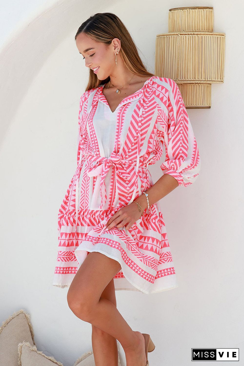 Red Geometric Print Belted Puff Sleeve Dress