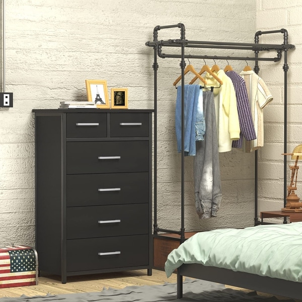 6 Drawer Tall Dresser with Sturdy Metal Frame， Industrial Drawer Chest for Bedroom， Clothes Storage Cabinet - as picture - - 37668923