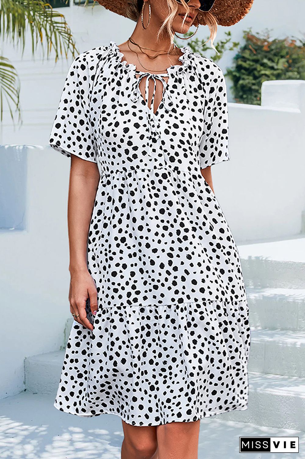 Ruffles Split Collar Leopard Print Button Shirt Dress