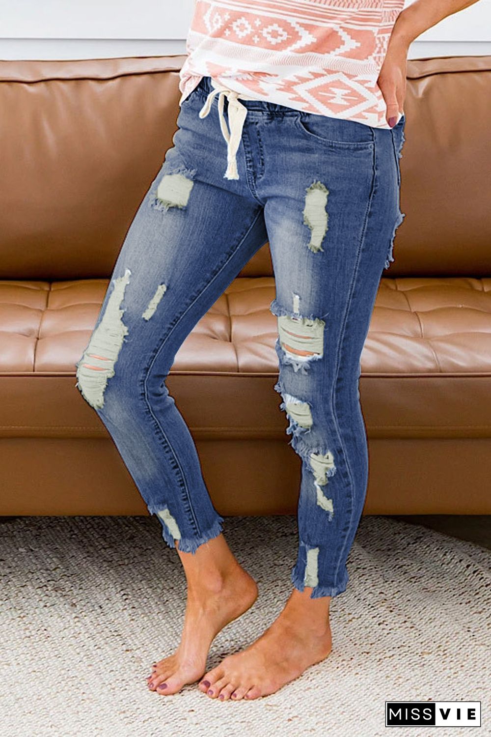 Blue Drawstring Elastic Waist Hole Ripped Jeans