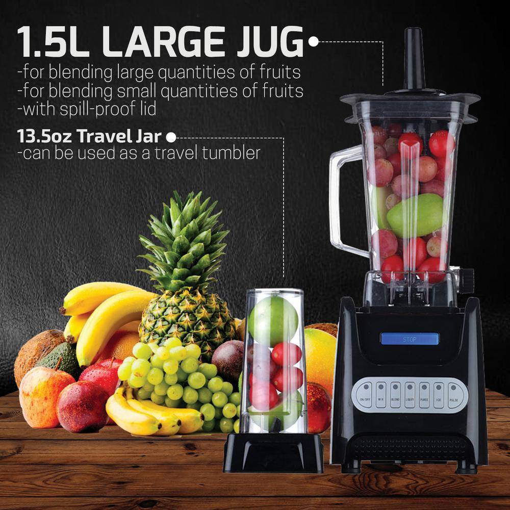 OVENTE 13.5 oz. 1000-Watt Black Robust Professional Blender with BPA Free, Blender Jar Travel Mug and Tamper BLH1000B