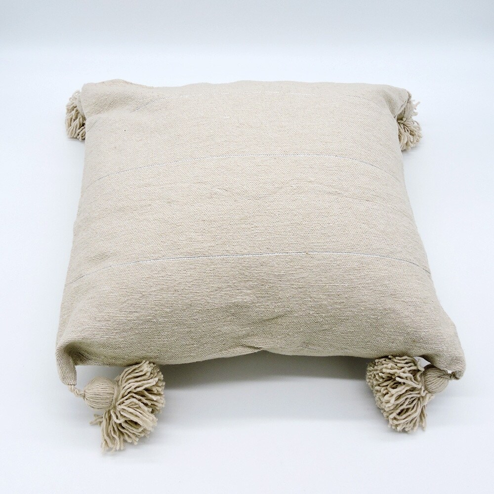 Moroccan Handmade Cotton PomPom Throw Pillow Cover Beige 19 x 19 Inches.