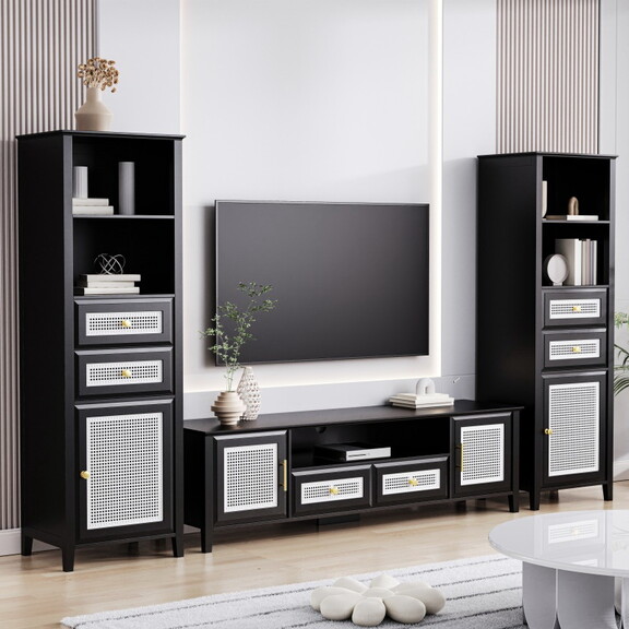 ON TREND Farmhouse Rattan TV Stand Set with Enhanc...