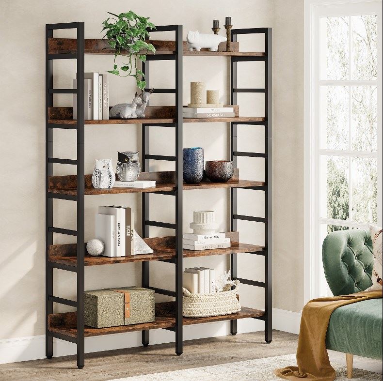 5-Tier Bookshelf, Double Wide Bookcase Storage Shelves Unit