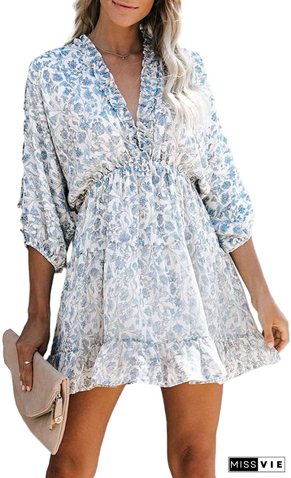 Ditsy Floral Prints Ruffle Edge Tiered Long Sleeve Boho Dress