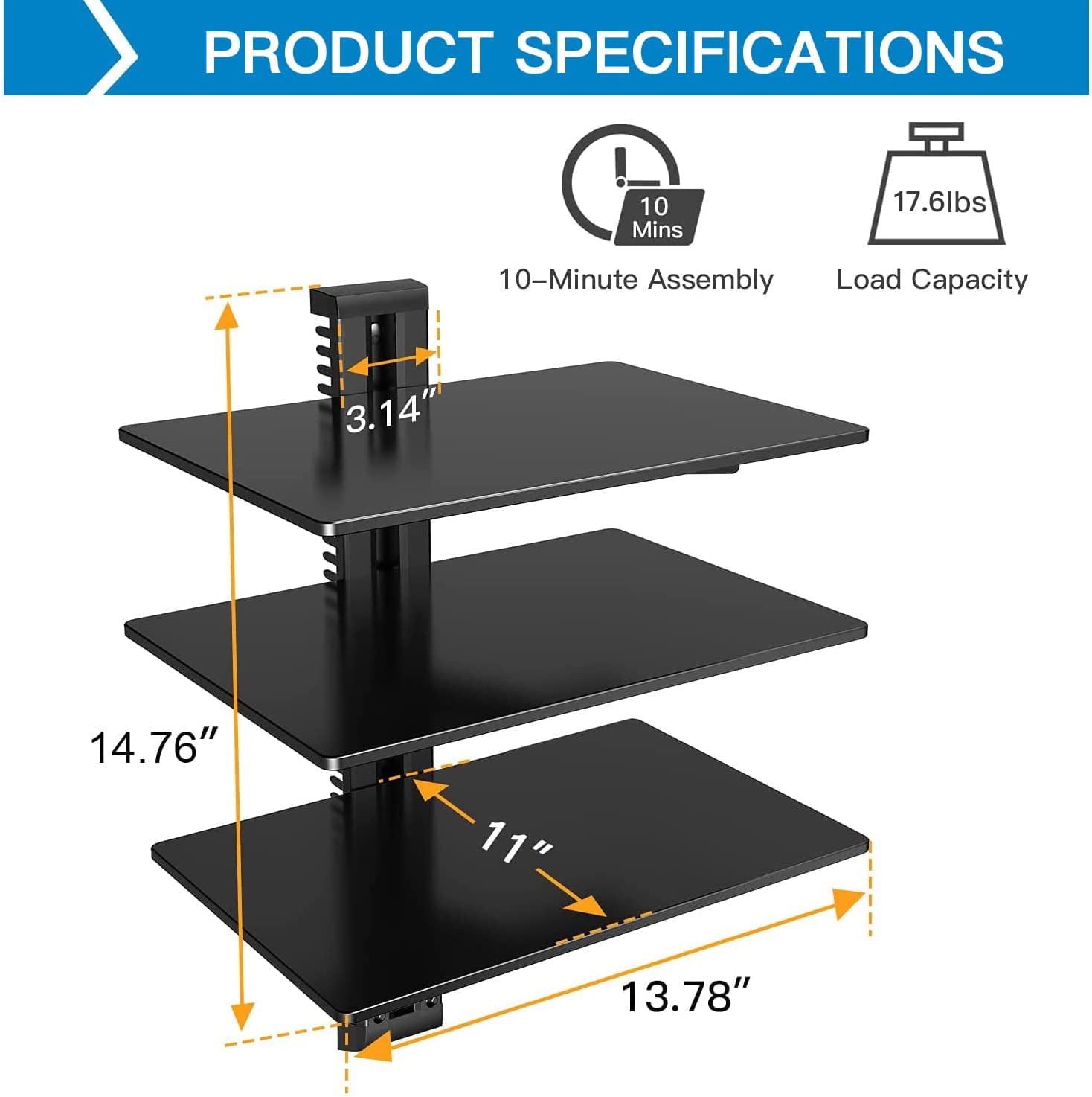 Floating AV Shelf Triple Wall Mount TV Shelf, Holds up to 17.6lbs DVD DVR Component Shel for Xbox, Projector, WiFi Router, Game Console and Cable Box