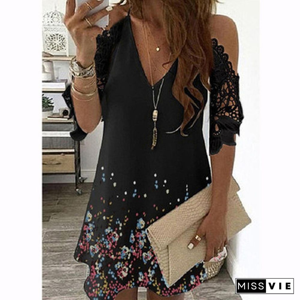 Floral Printed Vintage Dresses for Women Elegant Summer Casual Fashion V-Neck Sexy Off Shoulder Lace Patchwork Party Beach Plus Size Mini Dress Robe Femme Vestidos De Verano