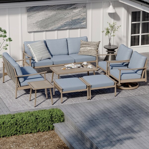 7Piece Aluminum Patio Conversation Set，3Seat Outdoor Couch and Loveseat with 2 Swivel Armchairs， Ottomans and Coffee Table