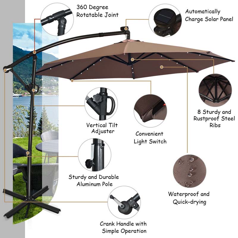 10 FT Patio Offset Umbrella with Solar Lights 360° Rotation Outdoor Market Umbrella with Crank Handle & Cross Base