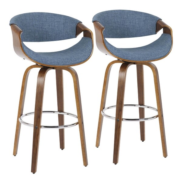 Curvini Modern Counter Stool， Walnut Wood and Blue Fabric - Set of 2 - 20.5