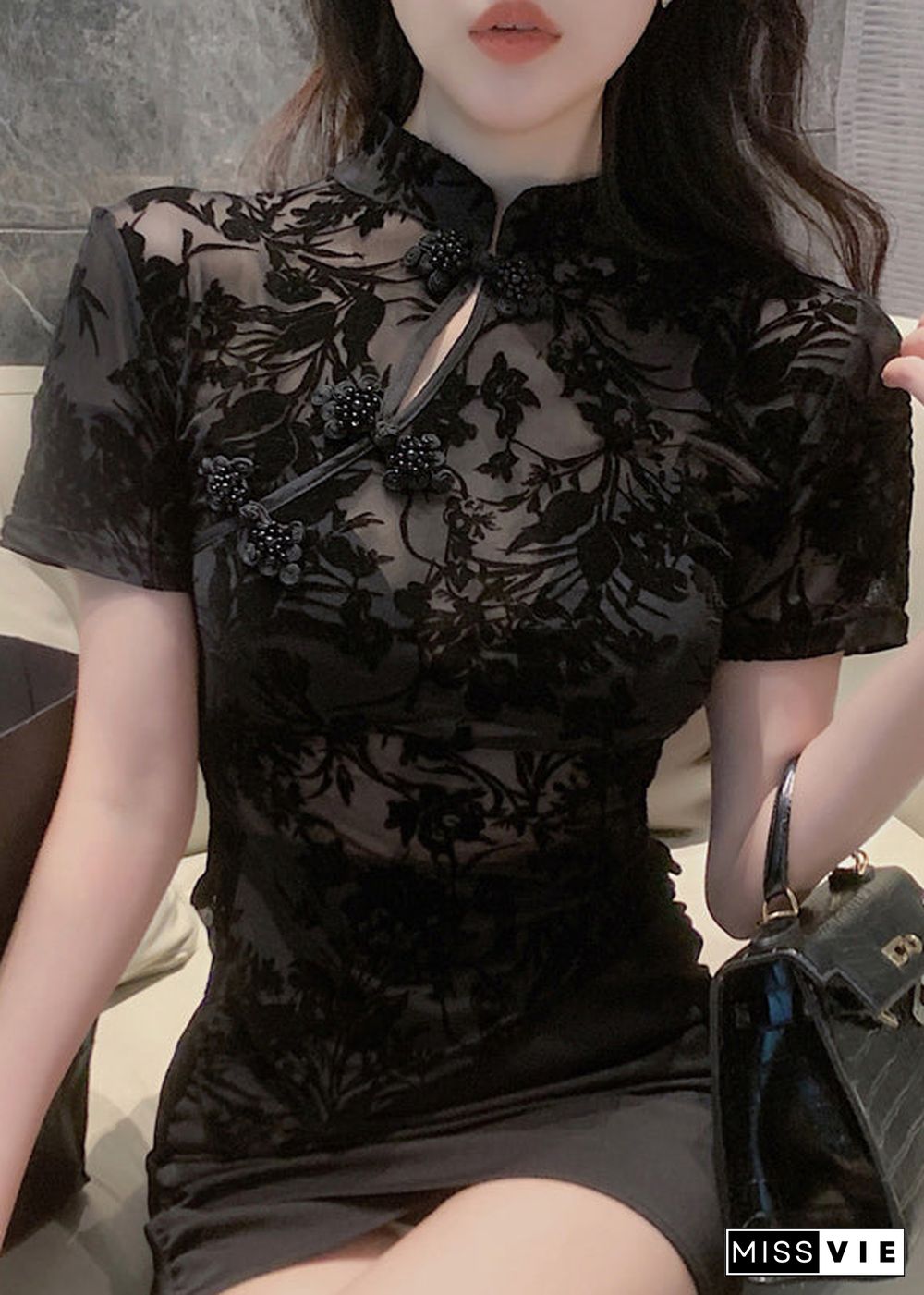 Sexy Black Stand Collar Embroideried Tulle Shirts Short Sleeve