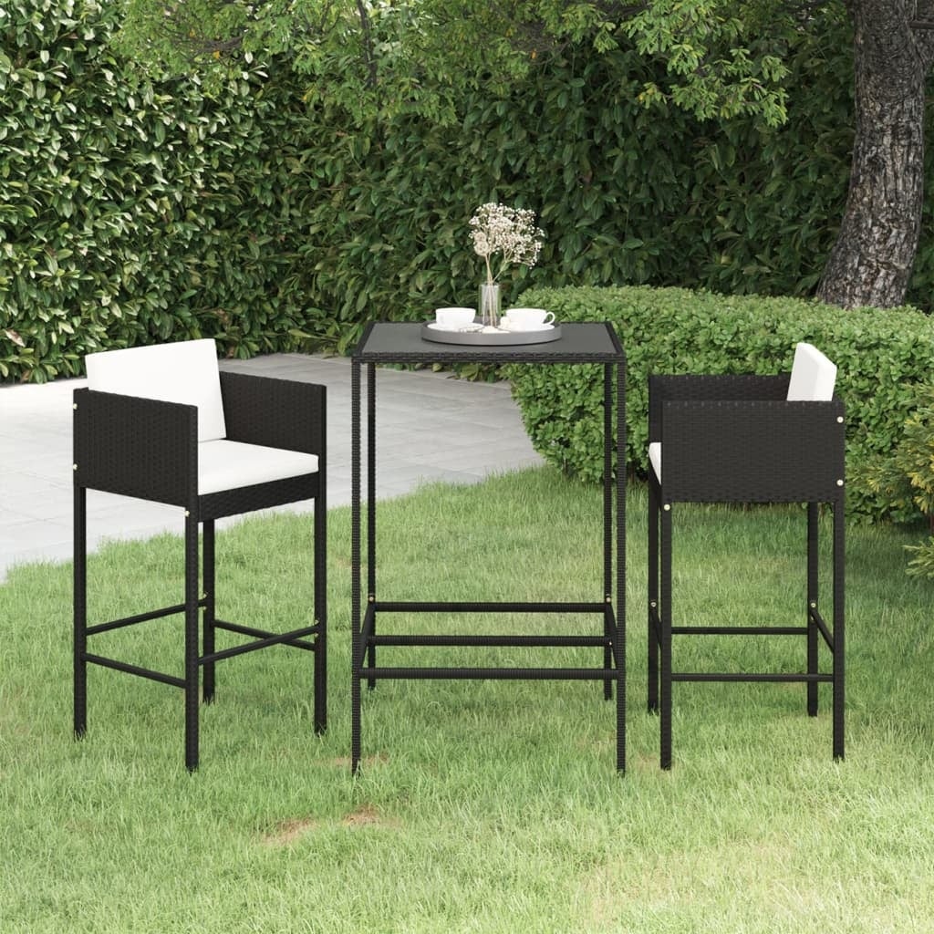 3 Piece Patio Bar Set with Cushions Poly Rattan Black - Overstock - 36041783