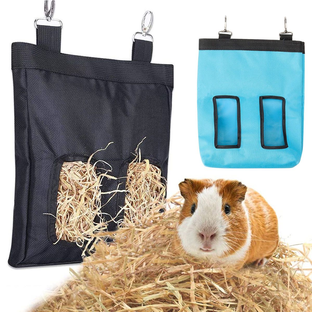 Deago 2 Pcs Guinea Pig Hay Feeder， Hanging Rabbit Hay Feeder Bag for Guinea Pigs Bunnies Chinchillas Hamsters Small Animals Hay Storage (Black)