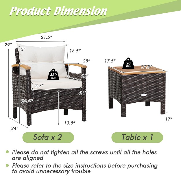 Costway 3pcs Patio Rattan Furniture Set Wooden Armrest Table Top Cushioned Deck