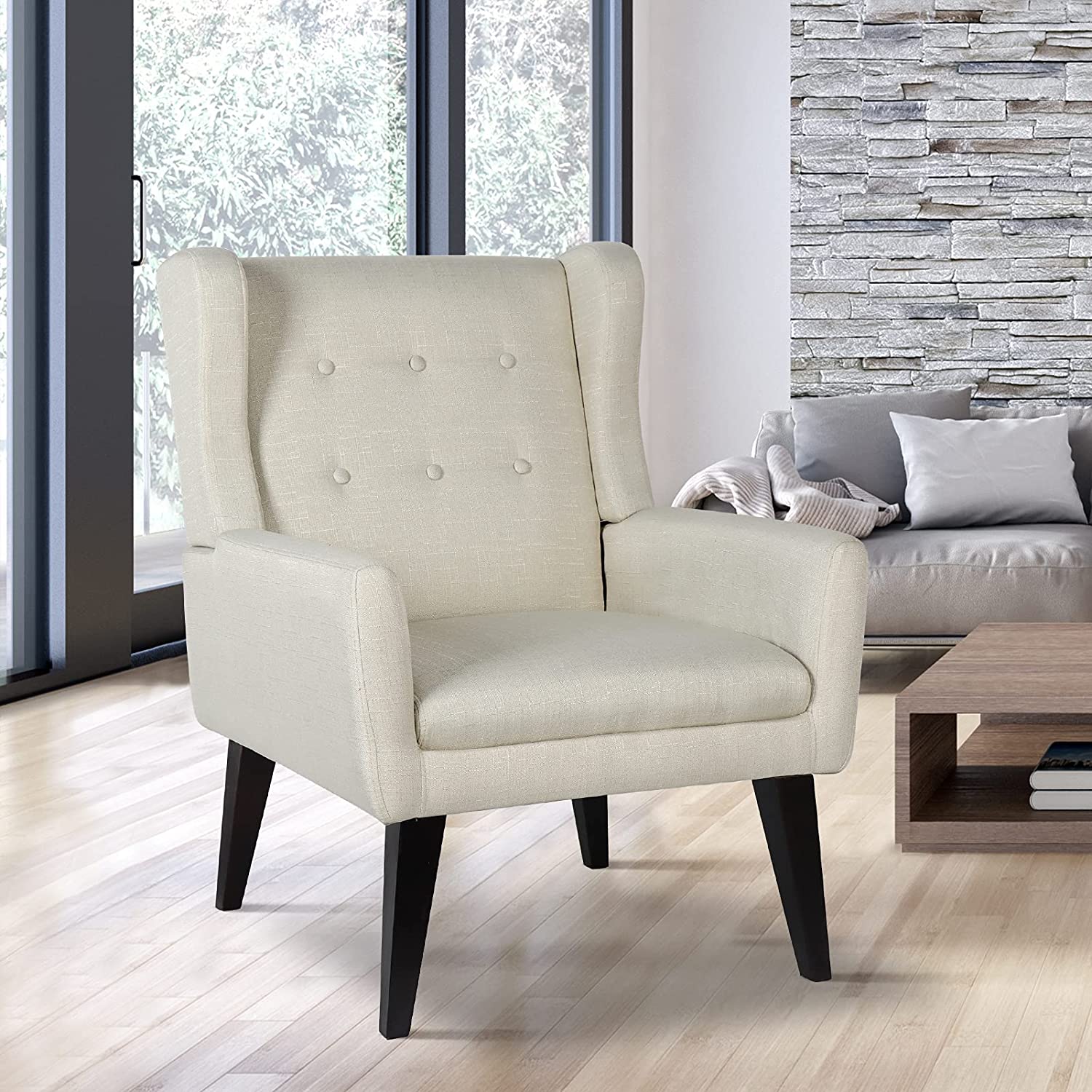 July's Song Accent Chair,Mid Century Modern Wingback Chair,Tufted Fabric Comfy Living Room Chair,Beige