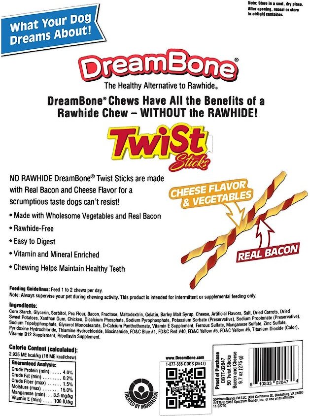 DreamBone Twist Sticks Bacon and Cheese Chews Dog Treats， 50 count