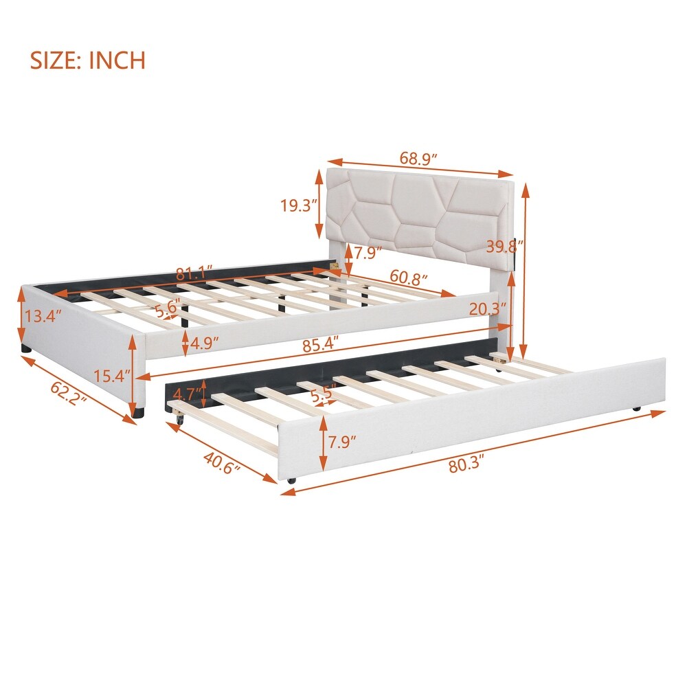 Queen Size Upholstered Platform Bed with Linen Fabric Brick Pattern Headboard and Twin XL Size Trundle Bed Frame