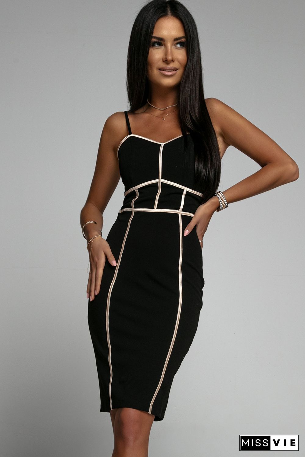 Black Color Block Spaghetti Straps Bodycon Dress