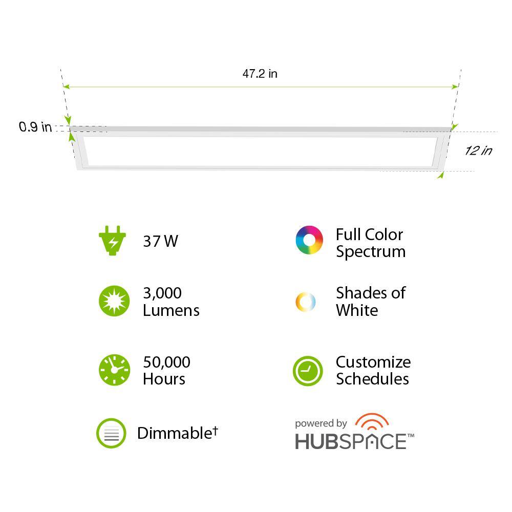 Commercial Electric 1 ft. x 4 ft. Smart Color Selectable RGBW CCT Integrated LED White Flat Panel Ceiling Flush Mount Powered by Hubspace FP1X4RGBWWHAGHD