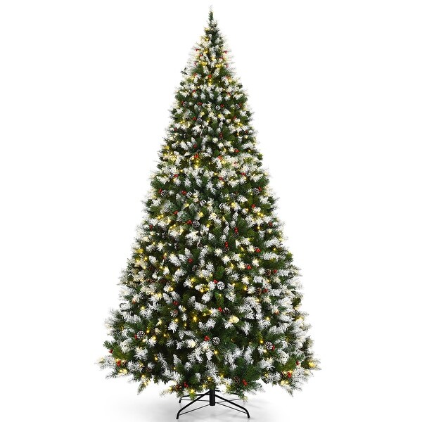 Costway 9ft Prelit Snowy Christmas Tree 2058 Tips w/ Pine Cones and Red