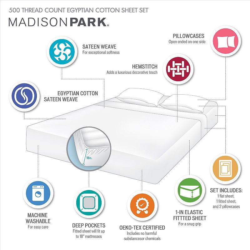 Madison Park 500-Thread Count Egyptian Cotton Deep Pocket Sheet Set