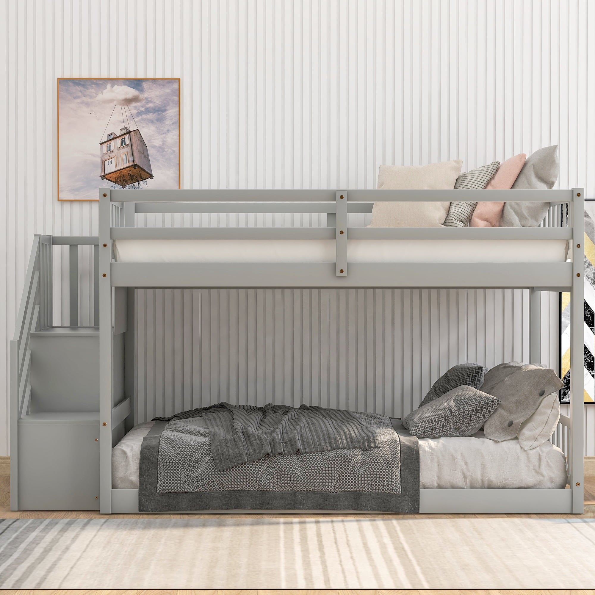 Euroco Wood Twin Over Twin Floor Bunk Bed with Stairs for Kids Room, Gray