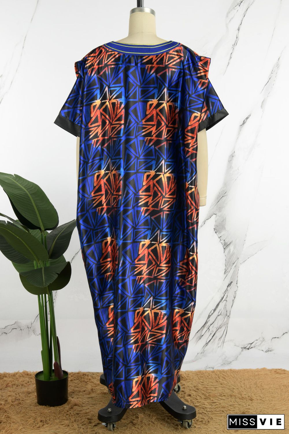 Blue Casual Print Patchwork V Neck Long Dress Plus Size Dresses