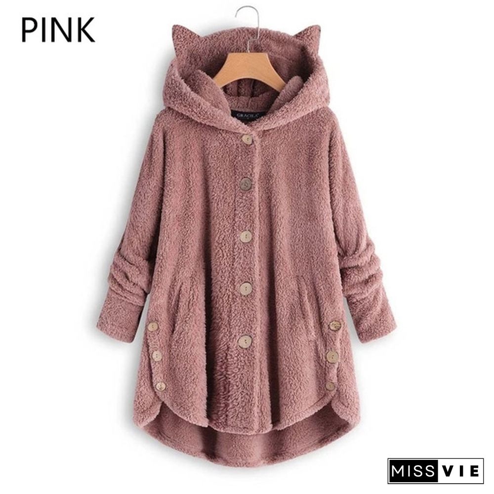 Autumn and Winter Fashion Women's Button Hooded Coat Cute Cat Ears Plush Hoodies Irregular Solid Color Cardigan Coat