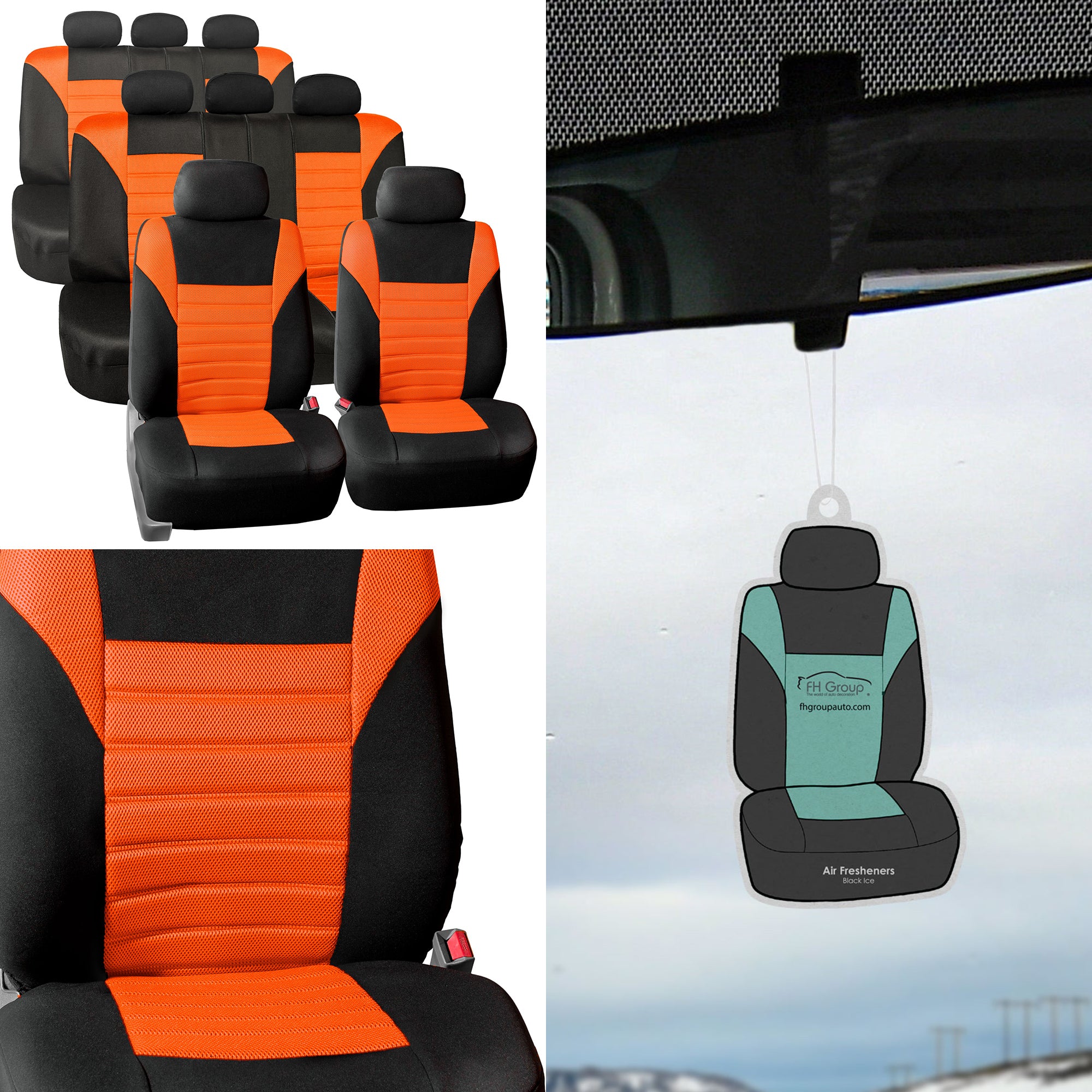 FH Group 3 Row 8 Seaters SUV Seat Covers for Auto 3D Mesh Orange Black Free Gift Air Freshener