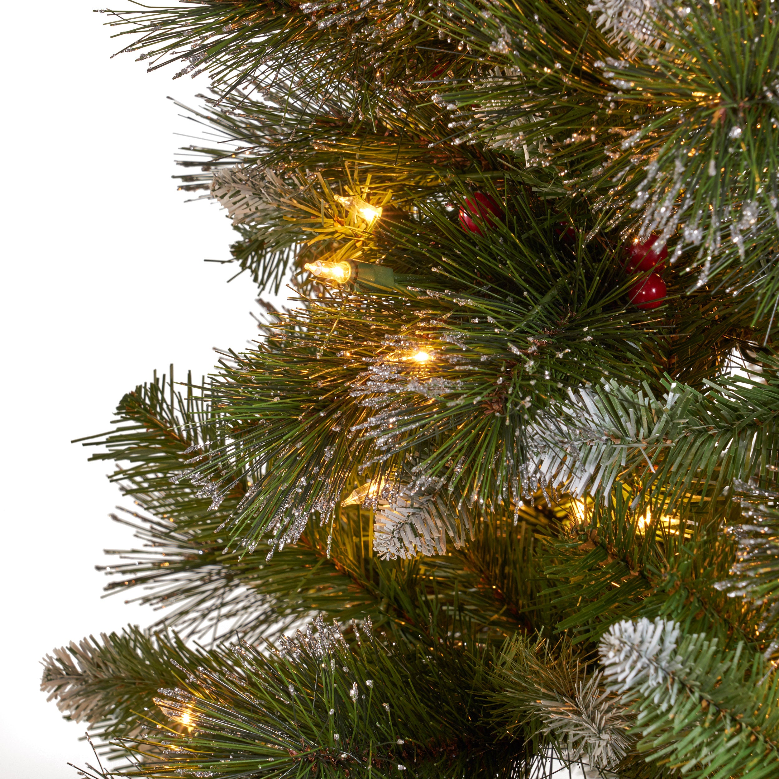 7-foot Mixed Spruce Hinged Artificial Christmas Tree with Glitter Branches, Red Berries, and Pinecones