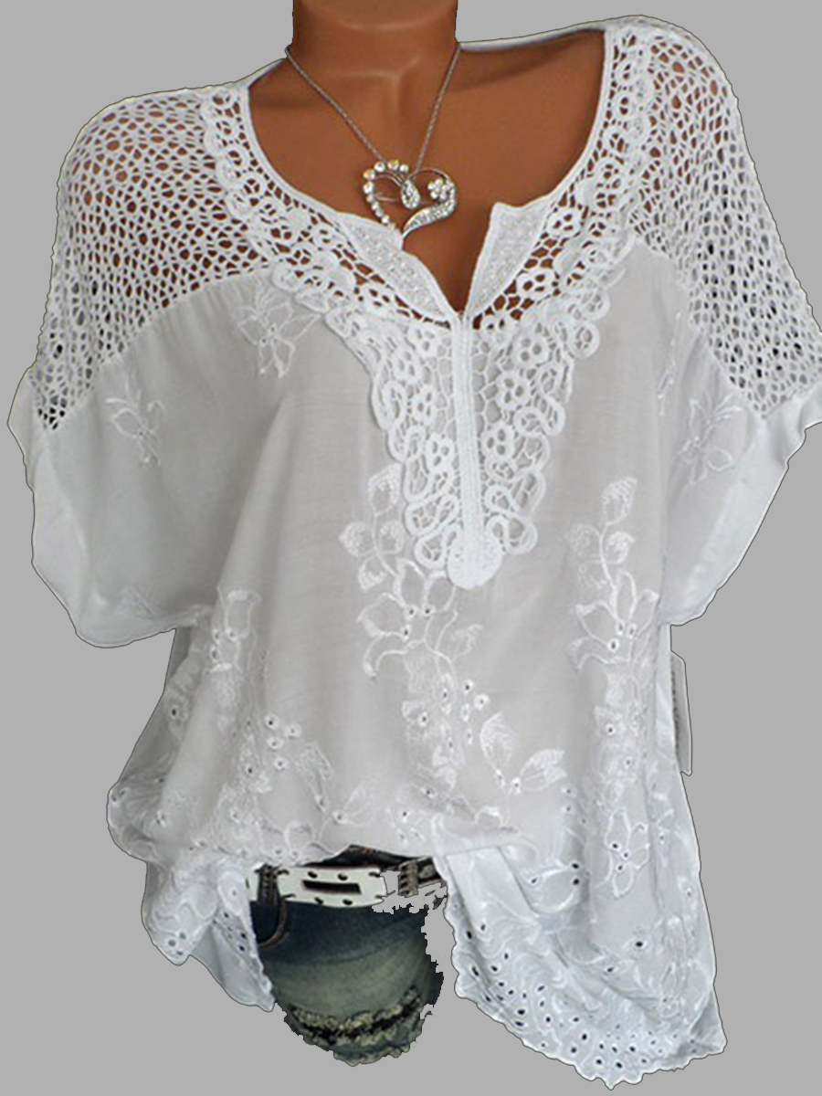 V Neck  Patchwork  Embroidery Blouses