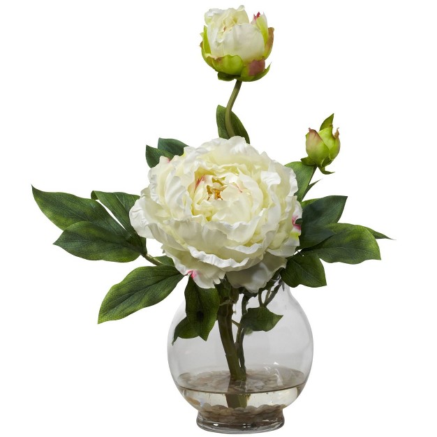 Nearly Natural 13 5 in Peony With Fluted Vase Silk Flower Arrangement