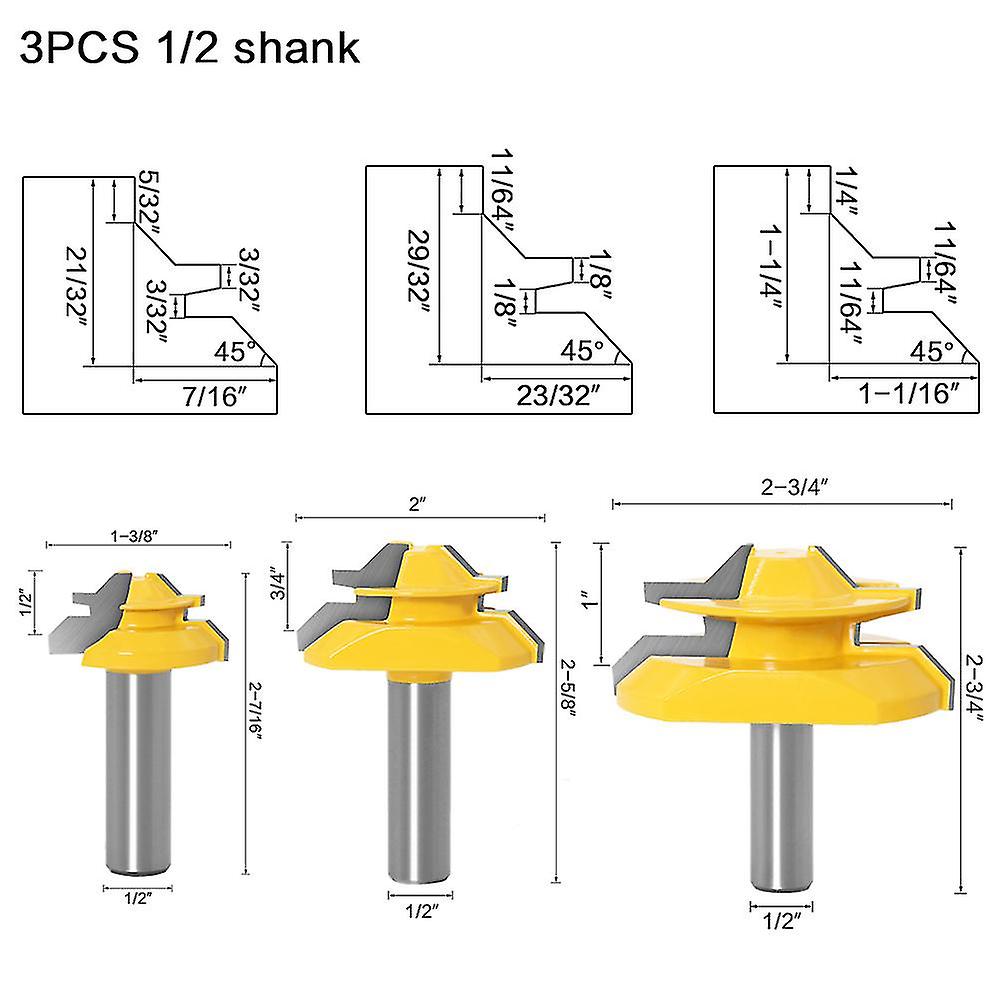 45 Degree Locking Miter Cutter (1/2 Inch Shank) Panel Knife Floor Knife Wood Carving， Yellow， Three Pieces