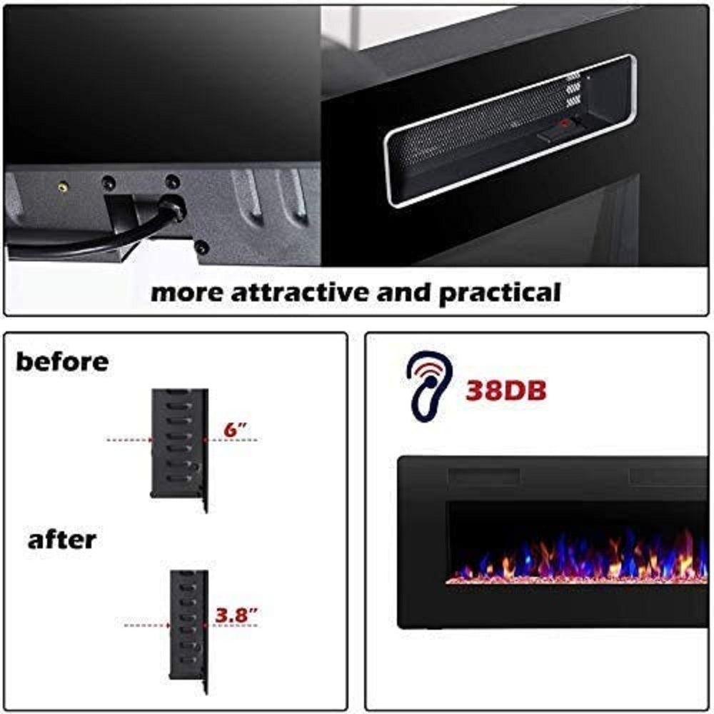 YUKOOL 42" Electric Fireplace, Embeded insert/Wall Mount, Adjustable Flame, Remote