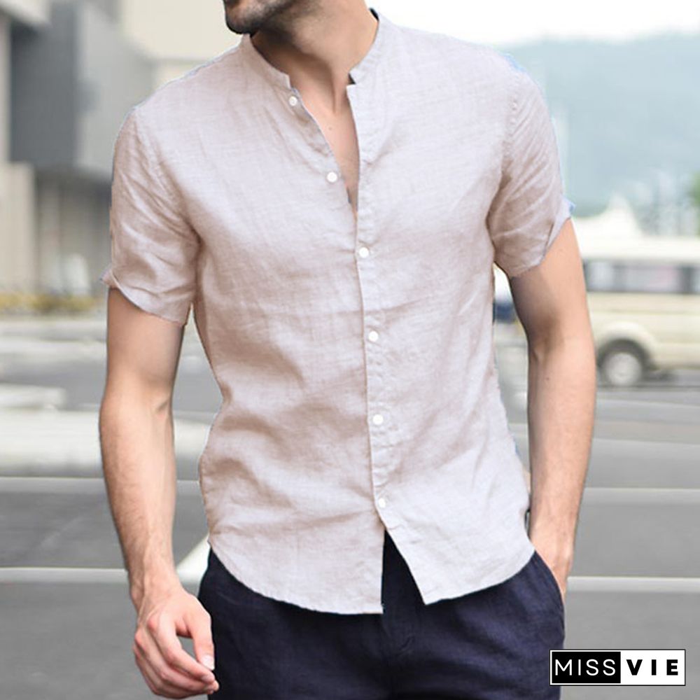 Short Sleeve Men Shirt Stand Collar Streetwear Tops Linen