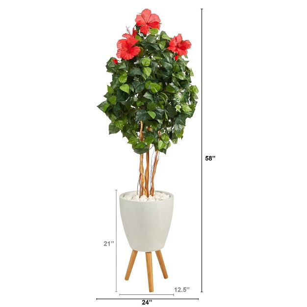 Nearly Natural 58-in Hibiscus Artificial Tree In White Planter With Stand