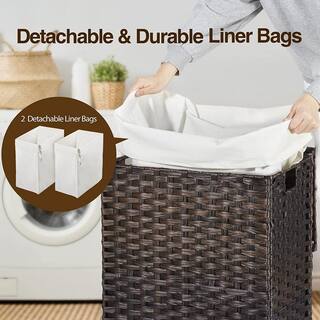 90L Rattan Laundry Basket Hamper with 2 Removable Liner Bags Brown hamper-137