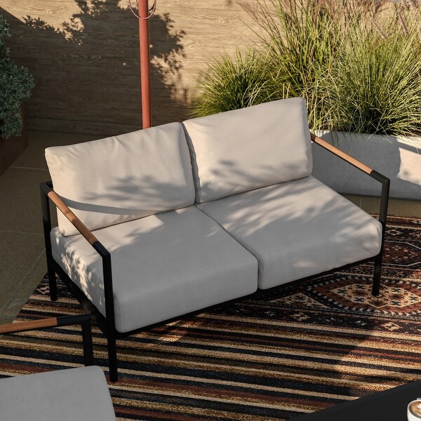 Metal Frame Loveseat with Teak Arm Accents and Plush Cushions