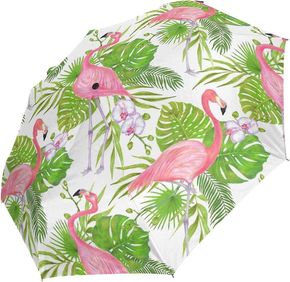 Travel Umbrella Automatic Windproof Foldable Umbrella Pink Flamingos Green Leaves