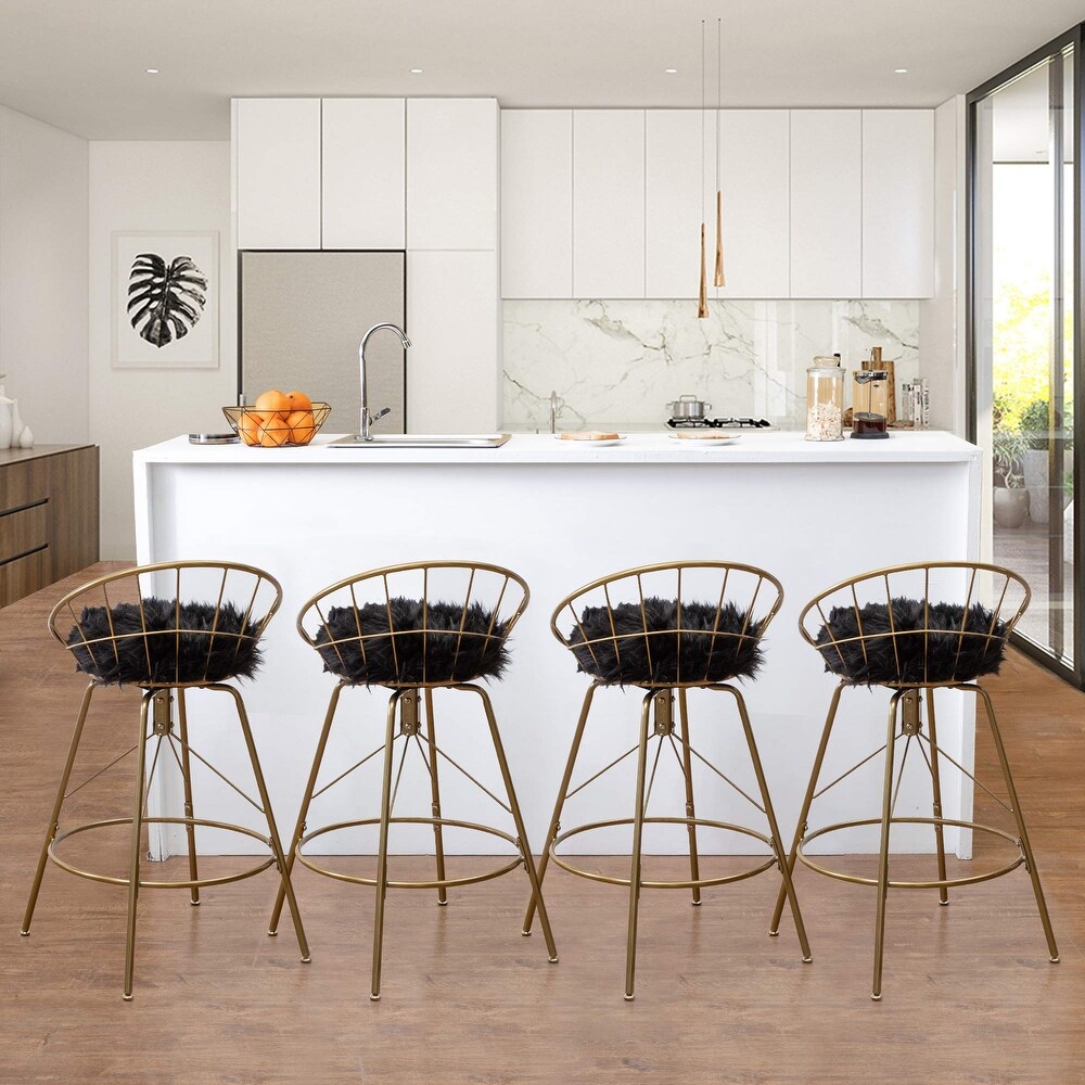 Swivel Bar Stools with with Removable White Faux Fur Metal Counter Bar Chairs Set of 2 24\